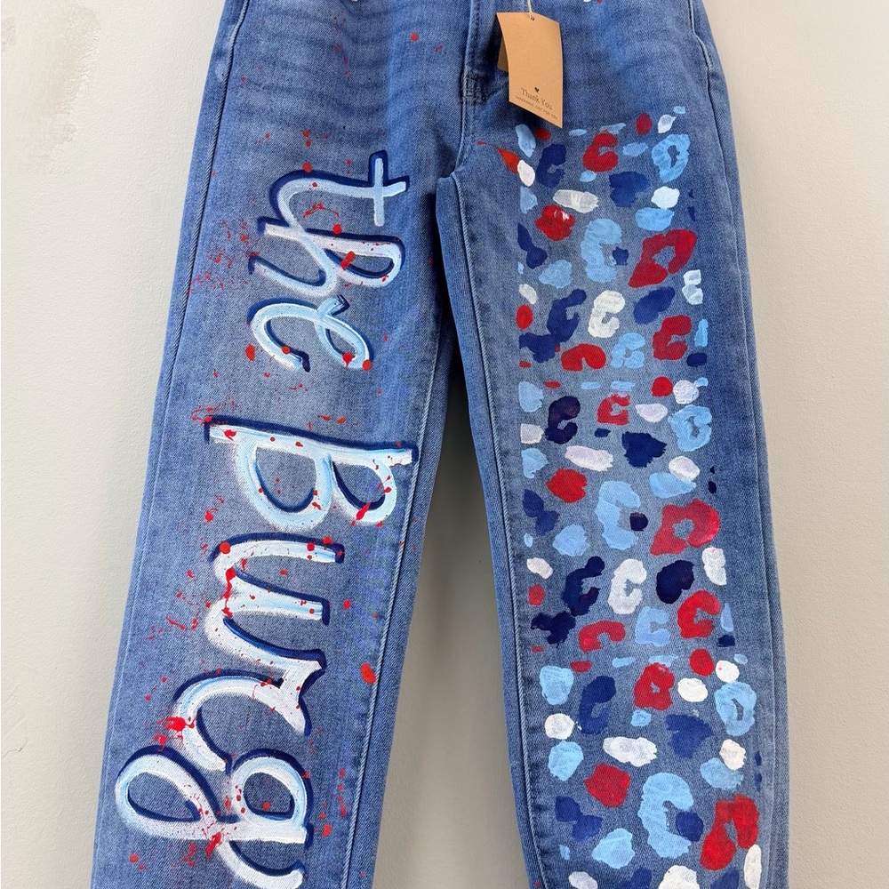 Hand-Painted Blue Flare Jeans with Colorful Leopard Print